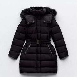 Zara Black Puffer Jacket with Fur Hood